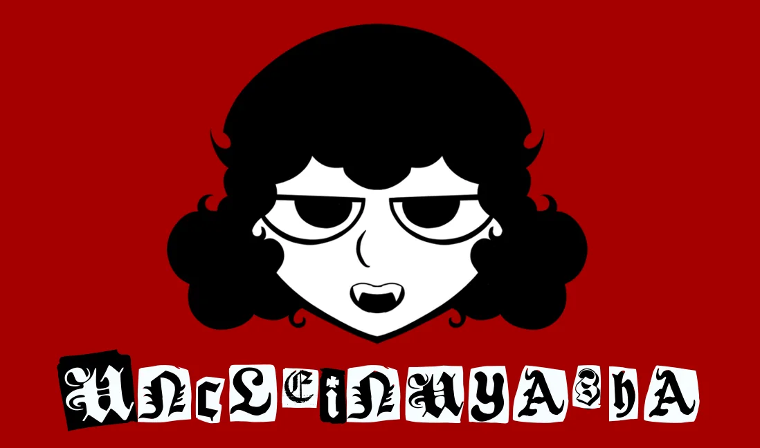 Red business card with her black-and-white character mark above the name UncleInuyasha in blackletter type