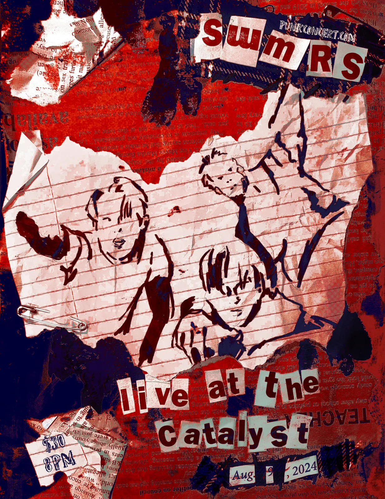 Red collage-style concert poster with torn paper textures and cut-out lettering