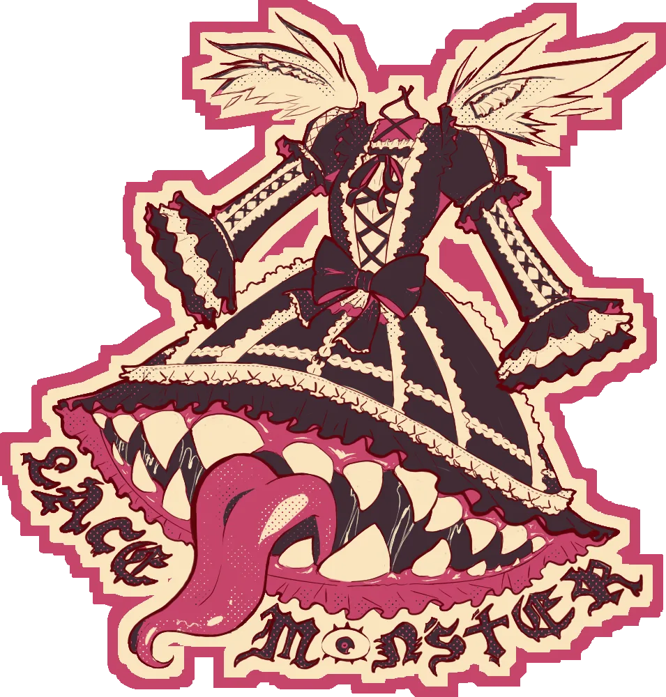 Sticker design of a toothy monster wearing a lace bonnet, with the words Lace Monster
