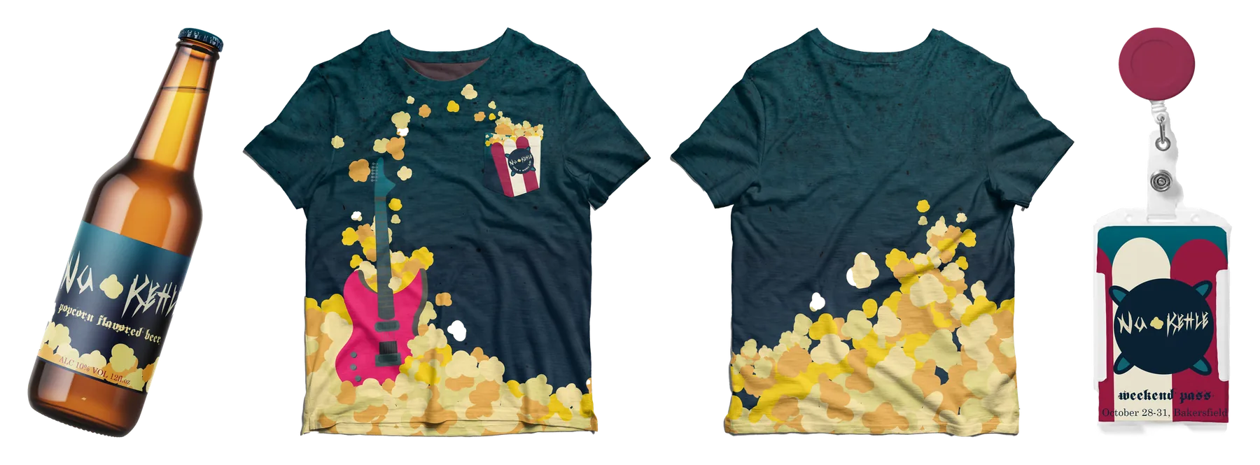 Nu Kettle festival merchandise: a popcorn-flavored beer bottle label, front and back of a teal popcorn-print T-shirt, and a weekend pass badge