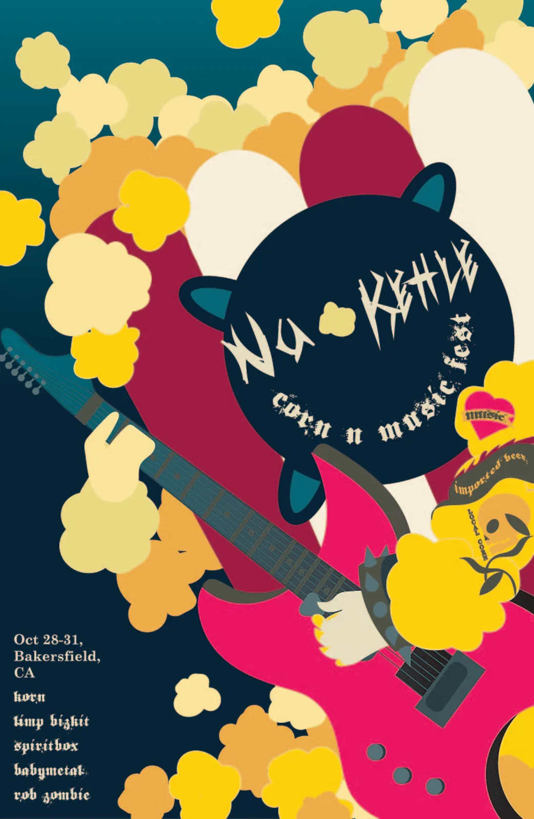 Festival poster with a pink electric guitar bursting out of a cloud of popcorn, with the Nu Kettle logo and lineup