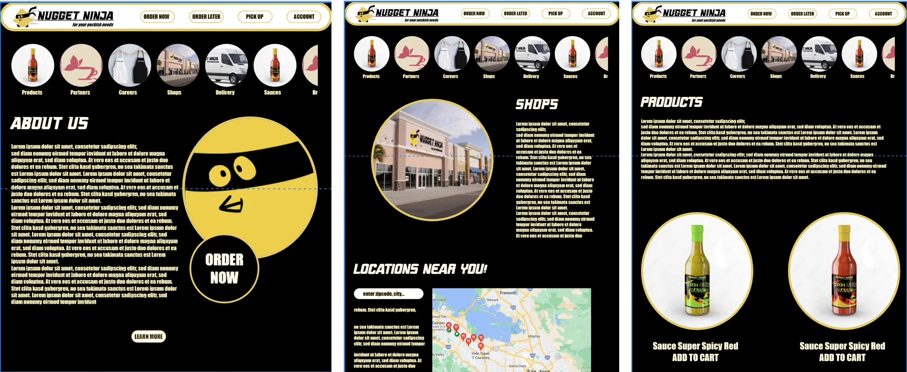 Three pages of the Nugget Ninja hot-sauce website: About, Shops with a store locator map, and Products with add-to-cart buttons
