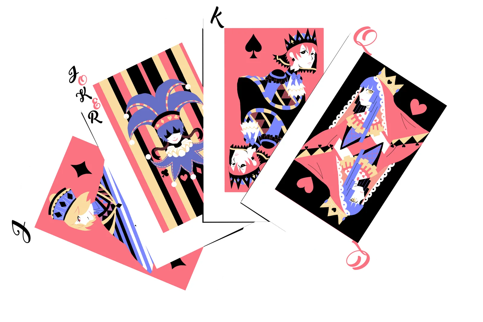 A fanned hand of custom playing cards with bold pink, blue and yellow face-card designs