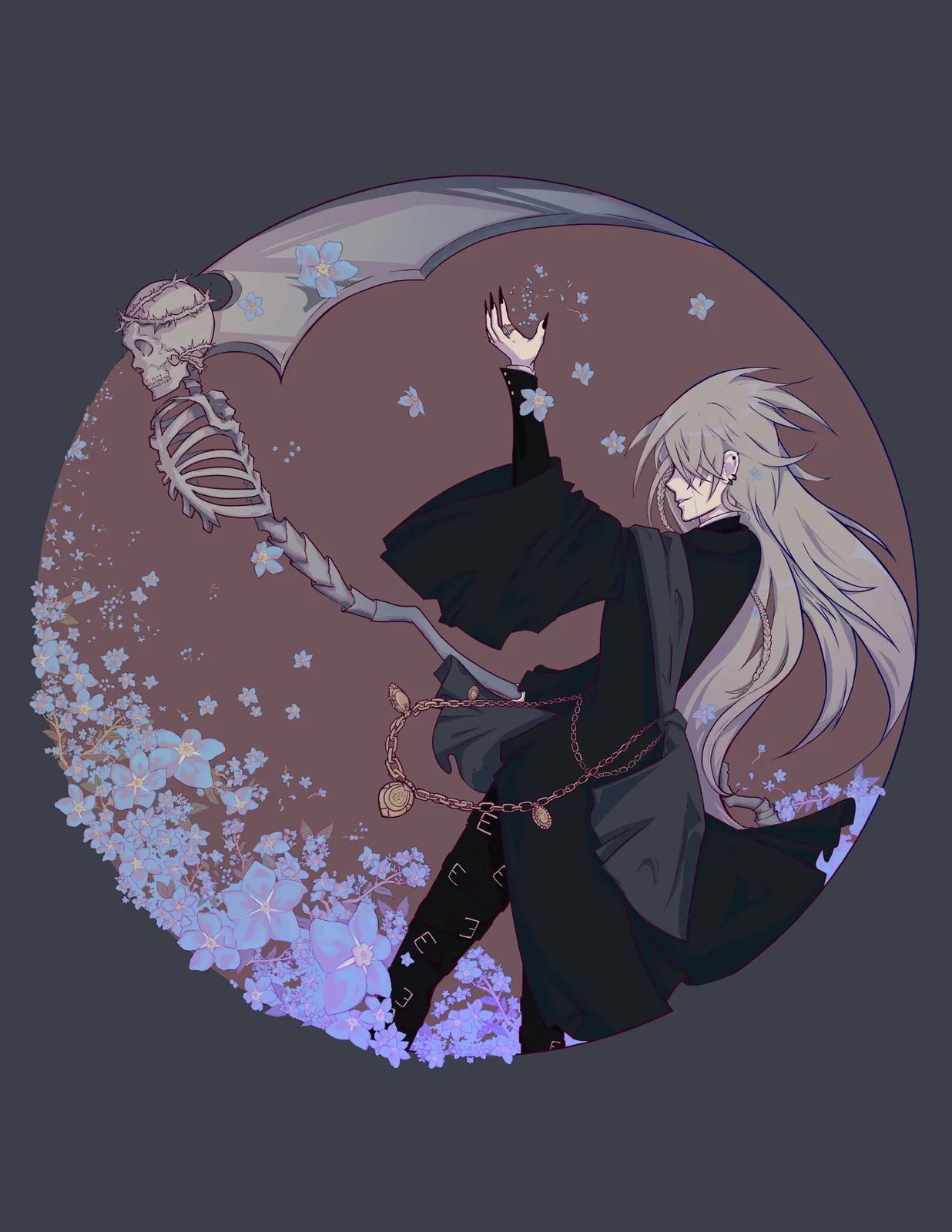 Illustration of a long-haired reaper in black robes holding a skeletal scythe against a starry circular backdrop